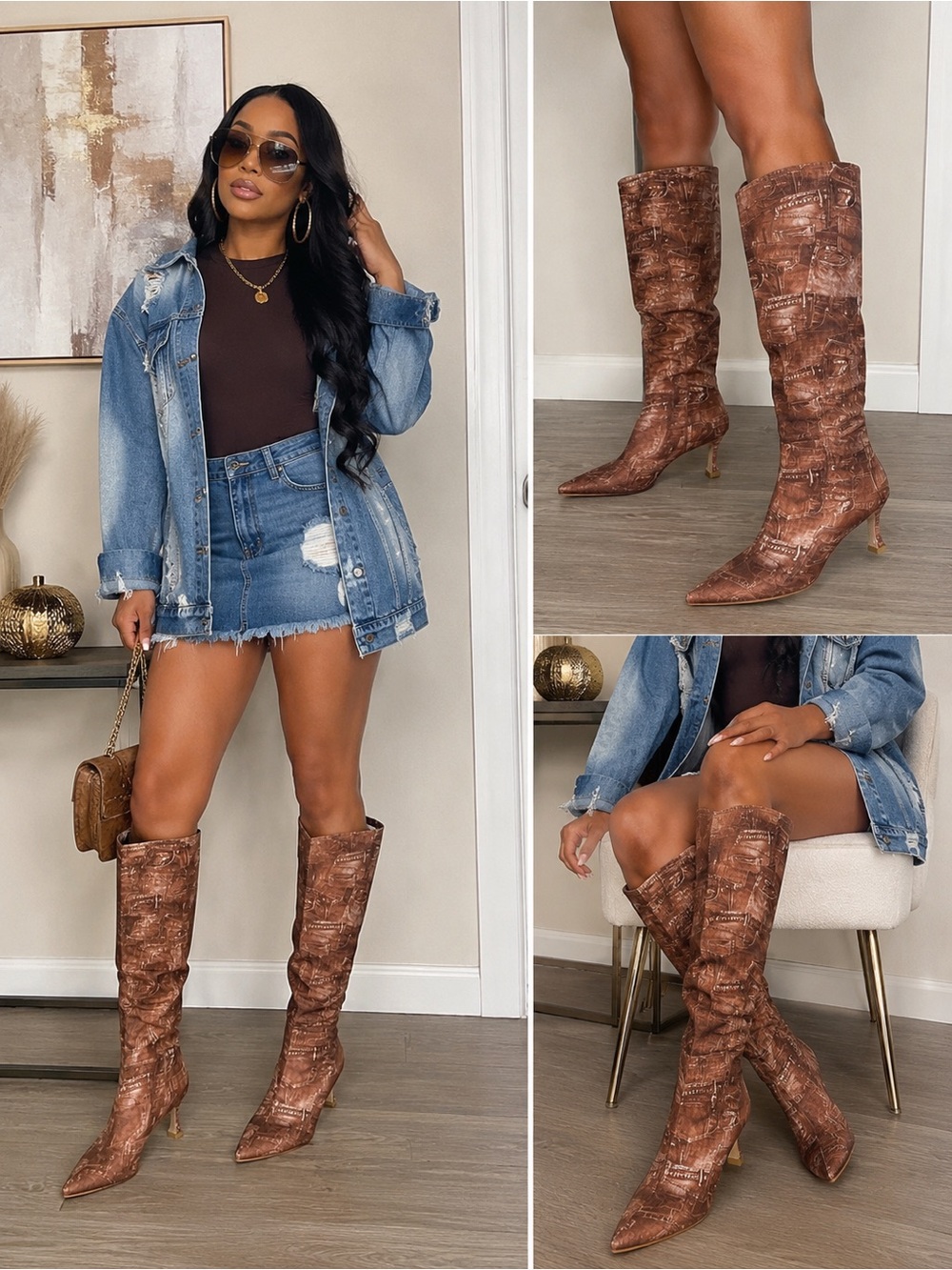 🤎 Denim Print Pointed-Toe Knee-High Boots 🤎